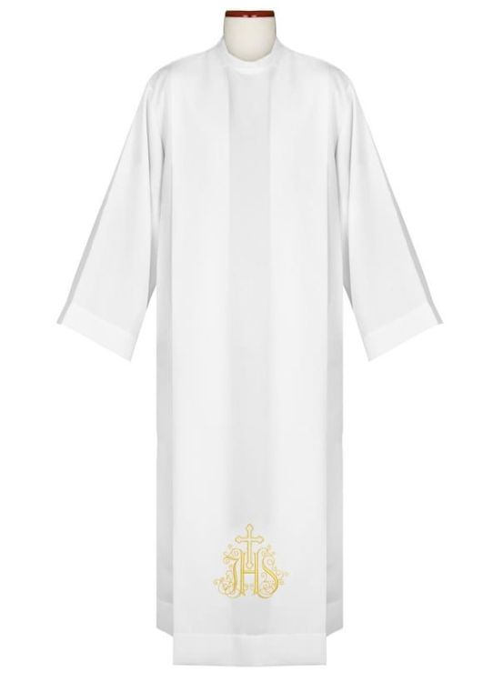 Alba kapłańska z ozdobnym haftem ze streczu z zakładkami. Zapinana na ramieniu sklep z artykułami liturgicznymi e-religijne.pl