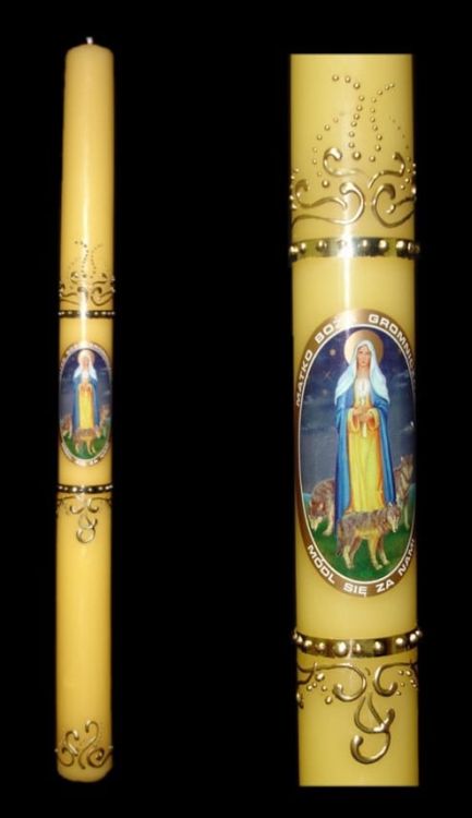 Świeca Gromnica żółta krótka zdobiona G6 - 25 cm. Sklep ze  świecami, artykuły liturgiczne i dewocjonalia. e-religijne.pl