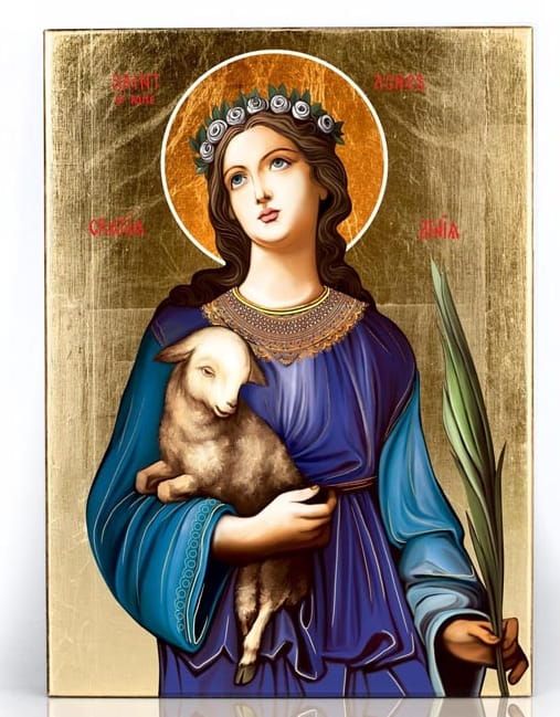 Upominki religijne - sklep: Ikona - św. Agnieszka - wykonana na olchowej desce - złocona płatkami złota. Rozmiar 17 x 23 - największy wybór ikona na różne okazje