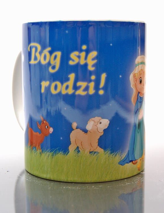 Kubek z nadrukiem religijnym "Bóg się rodzi" upominki religijne sklep e-religijne.pl