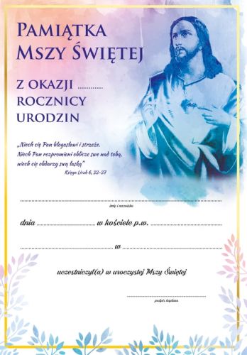 Dyplom Pamiątka Mszy Świętej z okazji urodzin sklep artykuły pomoce duszpasterskie księgarnia chrześcijańska e-religijne.pl