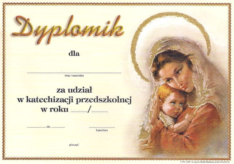 Dyplom za udział w katechezie - przedszkole (12 - brokat) e-religijne.pl