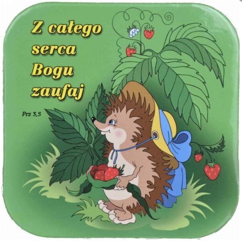  Podstawka korkowa z religijnym hasłem Z całego serce Bogu zaufaj. Prz 3,5 