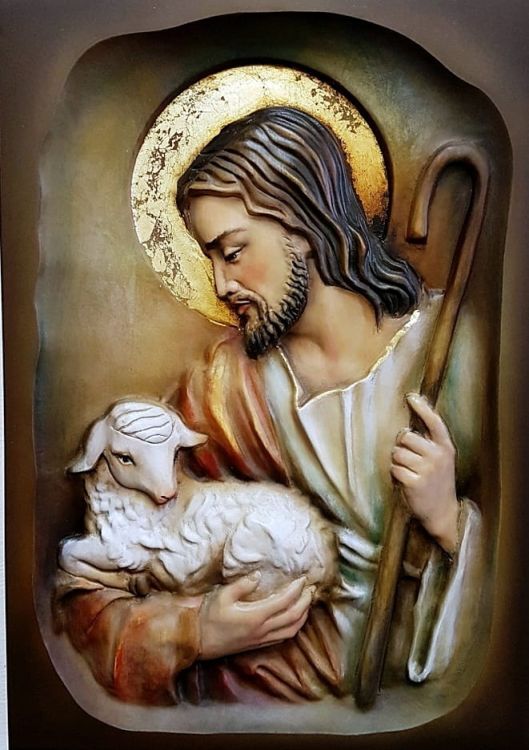 Płaskorzeźba Jezus Dobry Pasterz 31 x 45 płaskorzeźby drewniane religijne
