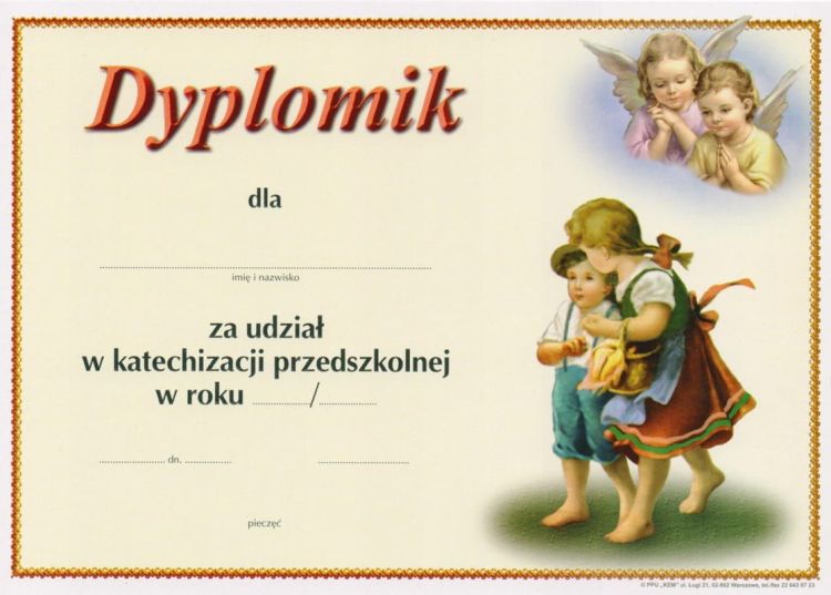 SKLEP CHRZEŚCIJAŃSKI - KSIĘGARNIA: Dyplom za udział w nauce religii w przedszkolu (17) Pomoce dla katechetów, nauczycieli religii. Podręczniki, poradniki metodyczne.