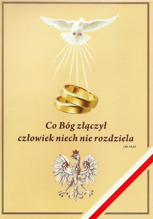 Beżowa teczka na dokumenty ślubne z Godłem Polski, Gołębicą i tekstem Hymnu o Miłości wewnątrz, pakiet 10 sztuk.