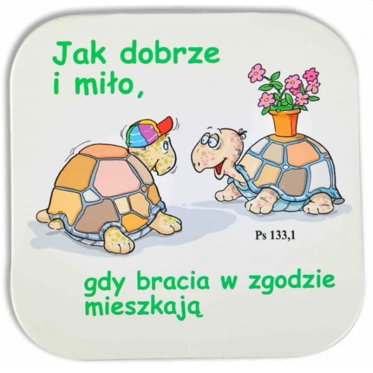 Podstawka korkowa z religijnym hasłemJak dobrze i miło, gdy bracia w zgodzie mieszkają Ps 133,1 e-religijne.pl