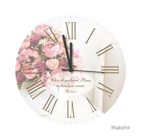 Religijne zegary z biblijnym cytatem: Zegar ścienny antyczny z tekstem religijnym "Chcę błogosławić Pana ..."
