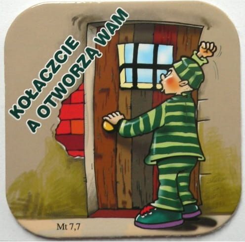 Podstawka korkowa z hasłem religijnym - Kołaczcie a otworzą wam  e-religijne.pl