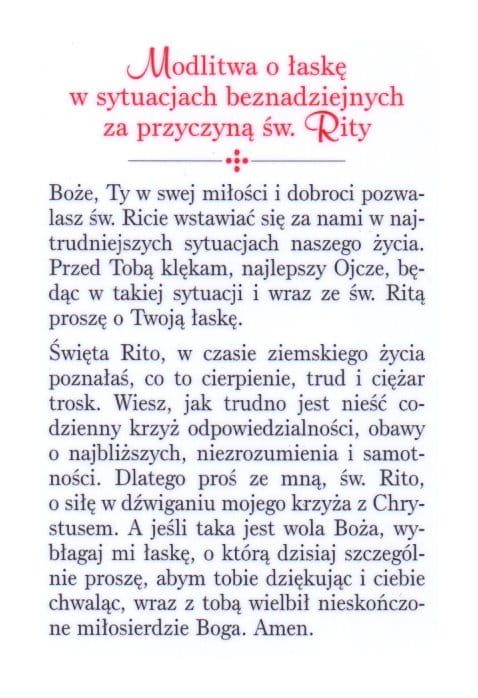 Obrazek z modlitwą do Świętej Rity - plastikowa karta 5 x 8,5 cm sklep dewocjonalia księgarnia chrześcijańska