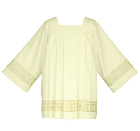 Komża kapłańska z tropiku, w kolorze ecru, zdobiona wstawką e-religijne.pl