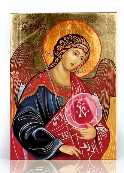 SKLEP Z IKONAMI: Święty Rafał Archanioł - ikona złocona - 10,5 x 14 cm - patron aptekarzy, chorych, lekarzy, emigrantów, pielgrzymów, podróżujących, uciekinierów, wędrowców, żeglarzy DEWOCJONALIA e-religijne.pl