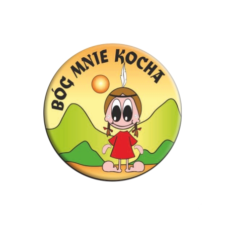 Przypinka religijna button "Bóg mnie kocha" upominki religijne sklep e-religijne.pl