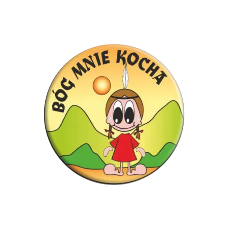 Przypinka religijna button "Bóg mnie kocha" upominki religijne sklep e-religijne.pl