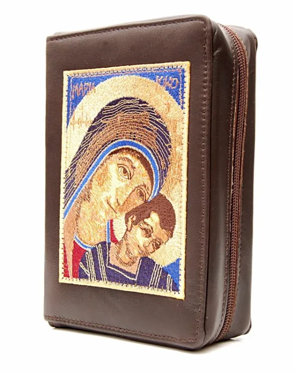 Okładka na Pismo św. z ikoną haftowaną ze skóry - (BRĄZ) - format oazowy e-religijne.pl