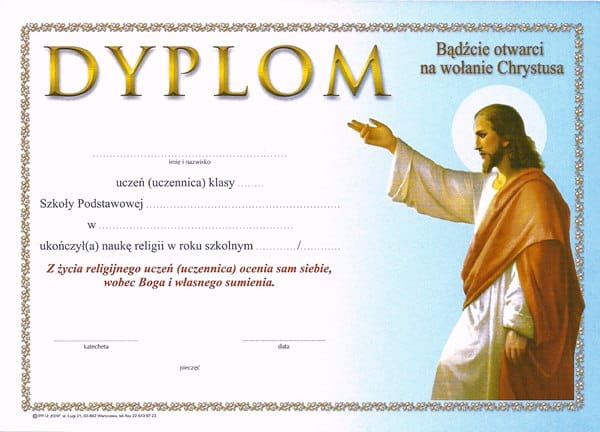 Dyplom ukończenia nauki religii w zakresie Szkoły Podstawowej e-religijne.pl