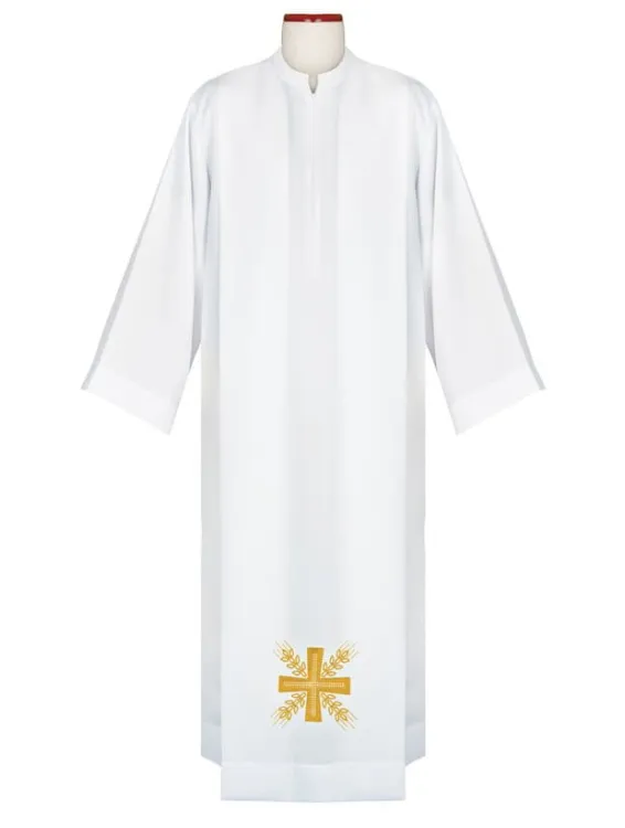 Alba kapłańska z ozdobnym haftem ze streczu z zakładkami. Zapinana pod szyją. Stroje liturgiczne sklep e-religijne.pl