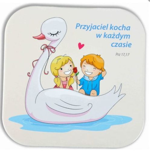 Podstawka korkowa z religijnym tekstem "Przyjaciel kocha w każdym czasie" e-religijne.pl