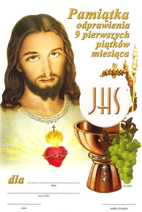 Pamiątka odprawienia 9 pierwszych piątków miesiąca - dyplom 10 x 15 e-religijne.pl