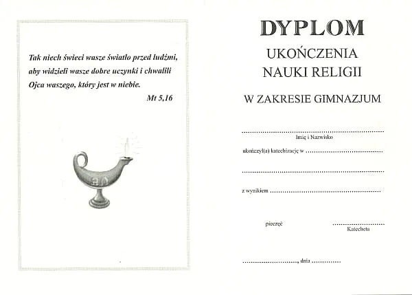 Dyplom ukończenia nauki religii w gimnazjum