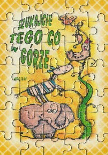 Religijne puzzle dla dzieci o tematyce religijnej z cytatem "Szukajcie tego, co w górze" (Kol 3,11) sklep chrześcijański e-religijne.pl
