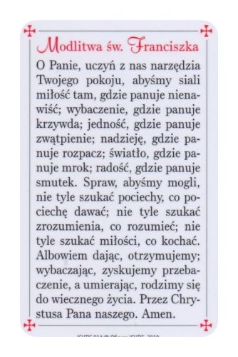 Księgarnia chrześcijańska sklep dewocjonalia obrazki Obrazek z modlitwą do Świętego Franciszka - plastikowa karta 5 x 8,5 cm
