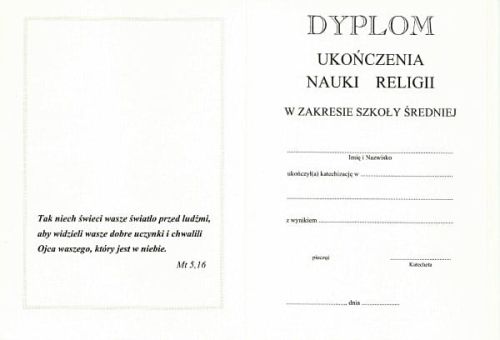 Dyplom ukończenia nauki religii w szkole średniej e-religijne.pl