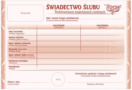 Zaświadczenie - Świadectwo Ślubu paczka 50 szt. Hlondianum e-religijne.pl