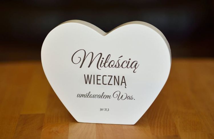 Serce ozdobne z wersetem biblijnym "Miłością wieczną umiłowałem was" Jer 31,3 sklep chrześcijański największy wybór prezentów na ślub