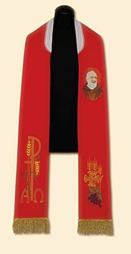 Stuła czerwona haftowana z ikoną Ojciec Pio AS153 e-religijne.pl