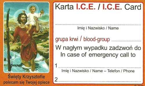 Naklejka św. Krzysztof - Karta I.C.E. - Pamiątka poświęcenia pojazdów e-religijne.pl