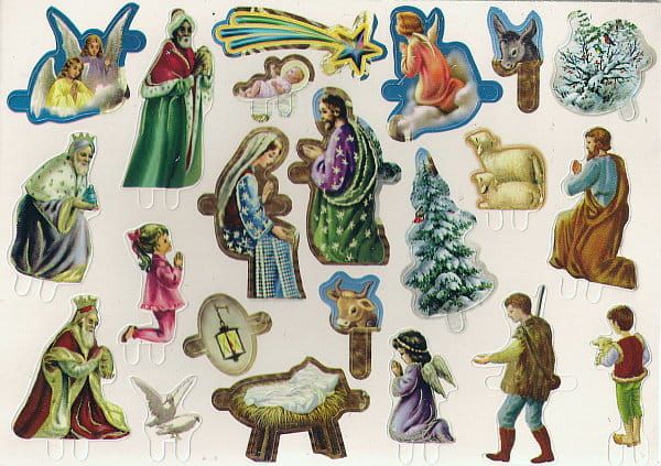 Kolorowe elementy szopki bożonarodzeniowej do składania - figurki Świętej Rodziny, Trzech Króli, pasterzy, aniołów i zwierząt w tradycyjnej stylistyce