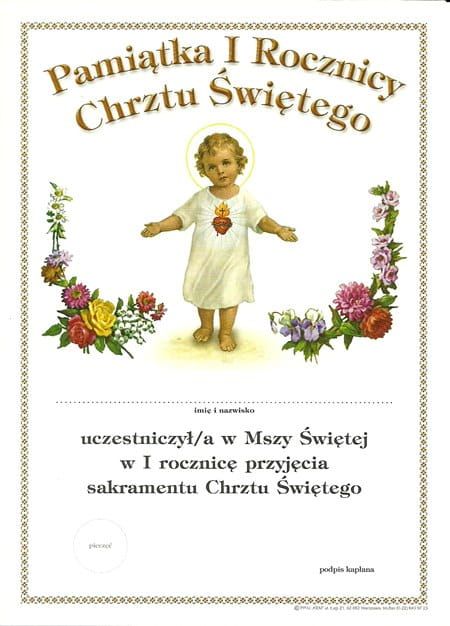 Dyplom Pamiątka I Rocznicy Chrztu Świętego e-religijne.pl