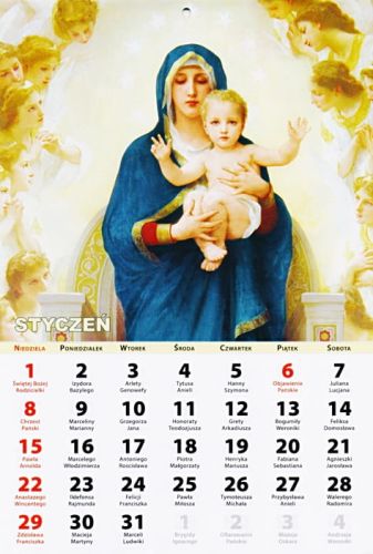 Religijny kalendarz na ścianę ze świętami. Wizerunki Maryi na każdy miesiąc. Sklep księgarnia religijna