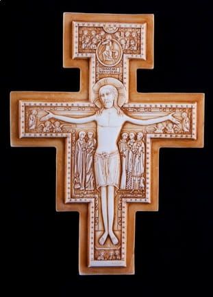 Krzyż San Damiano - św. Franciszka alabastrowy - 25 cm (r) e-religijne.pl