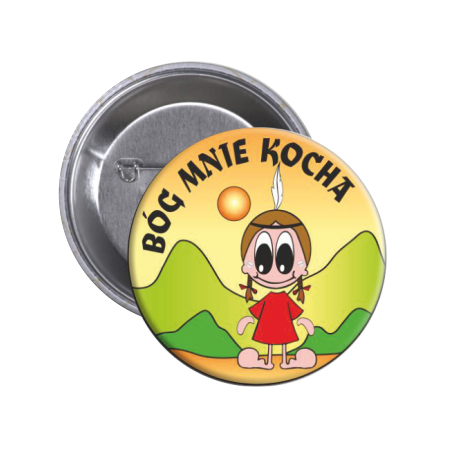 Przypinka religijna button "Bóg mnie kocha" upominki religijne sklep e-religijne.pl