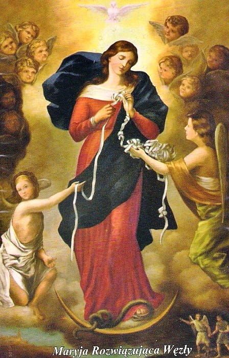 Matka Boża Rozwiązująca Węzły w otoczeniu aniołów - obrazek z modlitwą 10x15 cm | sklep dewocjonalia produkty sakralne