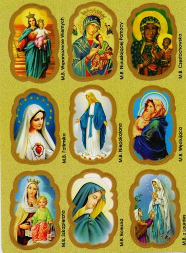 Naklejki religijne z Matką Bożą M01 sklep księgarnia dewocjonalia. Pomoce duszpasterskie dla księży i katechetów. Pomysły na nagrody dla dzieci za nabożeństwa majowe.