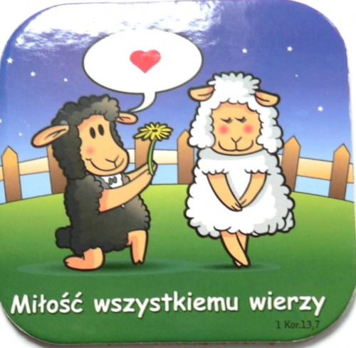 Podstawka korkowa z religijnym hasłem Miłość wszystkiemu wierzy 1Kor.13,7 e-religijne.pl