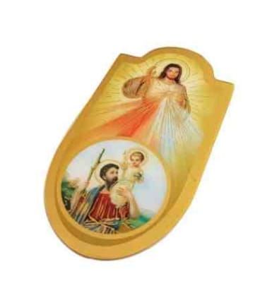 Kolorowa plakietka z wizerunkiem Św. Krzysztofa i Jezusa Miłosiernego do naklejenia na kokpit samochodu. Pamiątka poświęcenia pojazdu. Sklep religijny - pamiątki, dyplomy, obrazki.