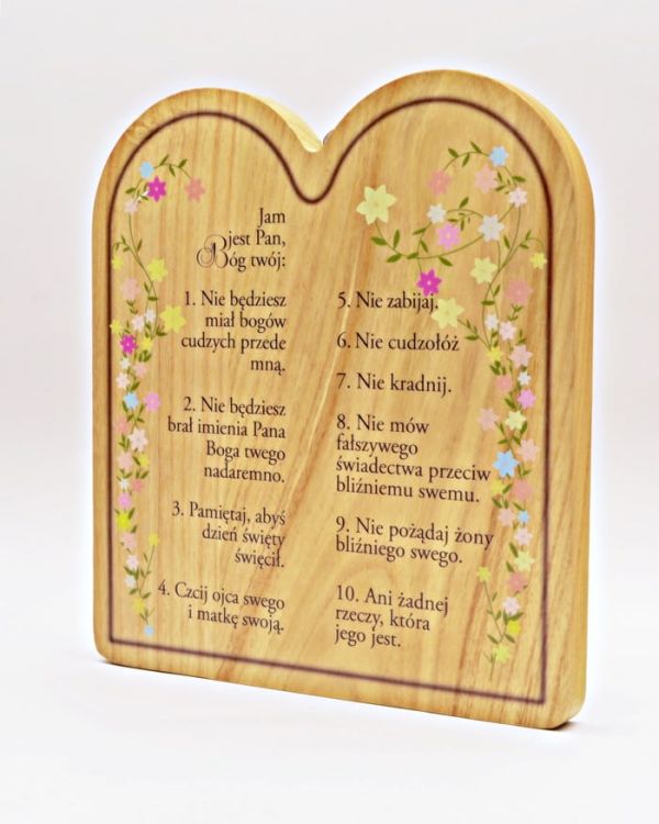 Sklep chrześcijański: Drewniana tablica z 10 Przykazaniami Bożymi ozdobiona kwiatowym ornamentem