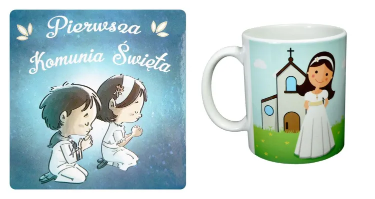 Kubek i podstawka korkowa dla dziewczynki I Komunia sklep chrześcijański prezent na I Komunię św.