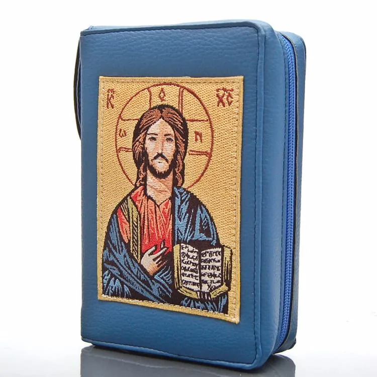 Okładka na Pismo św. z ikoną haftowaną ze skóry - (NIEBIESKA PANTOKRATOR) - format oazowy e-religijne.pl