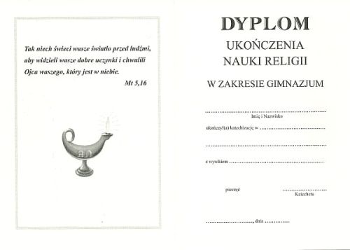 Dyplom ukończenia nauki religii w gimnazjum