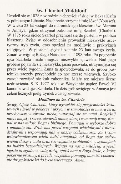 Obrazek ze św. Charbelem i modlitwą 10x15 e-religijne.pl