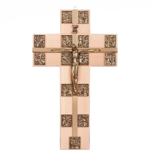 Krzyż wiszący ze stacjami Drogi Krzyżowej - szeroki (jasny) e-religijne.pl
