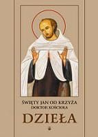 Ikona św. Jana od Krzyża w białym habicie karmelitańskim z nimbem, okładka kompletu Dzieł wszystkich wydanych przez Karmelitów Bosych