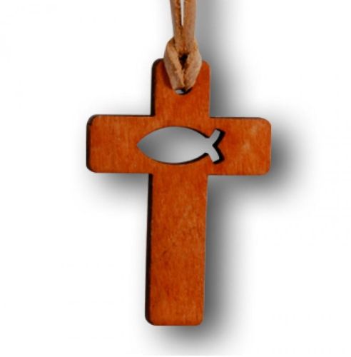 Krzyżyk na szyję drewniany wycięty z rzemykiem nr.6e-religijne.pl