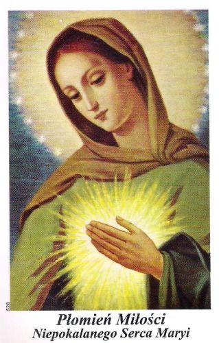 Zestaw 100 sztuk obrazków religijnych Płomień Miłości Niepokalanego Serca Maryi przeznaczonych do rozdawania wiernym