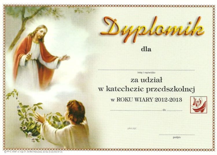 Dyplom za udział w katechezie przedszkolnej na Rok Wiary. Dyplom wykonany z kartonu o wymiarach 20,7 x 14,8 cm.